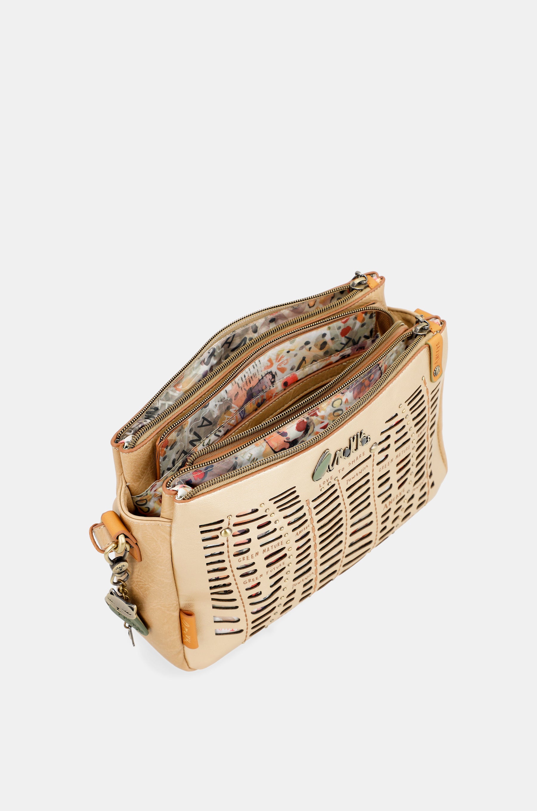 Bandolera tres compartimentos dorada Nature Pachamama