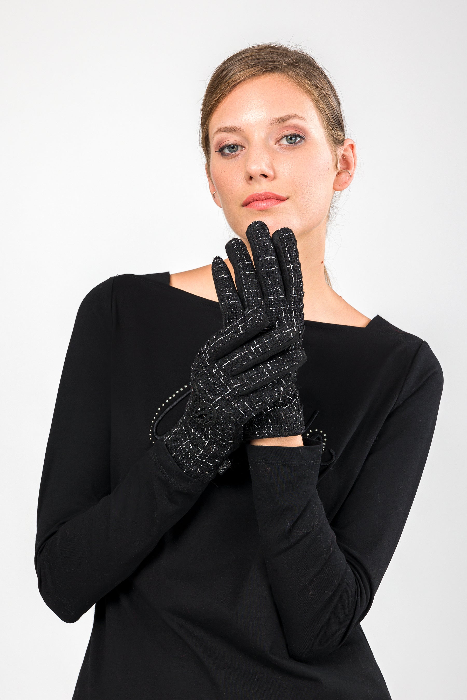 Guantes de tejido tweed negros