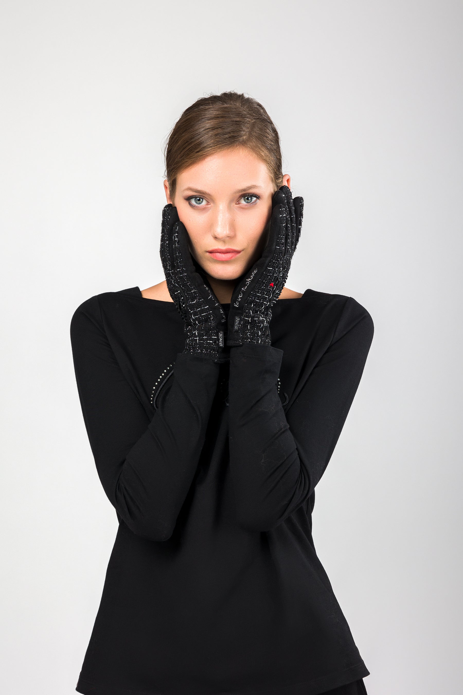 Guantes de tejido tweed negros