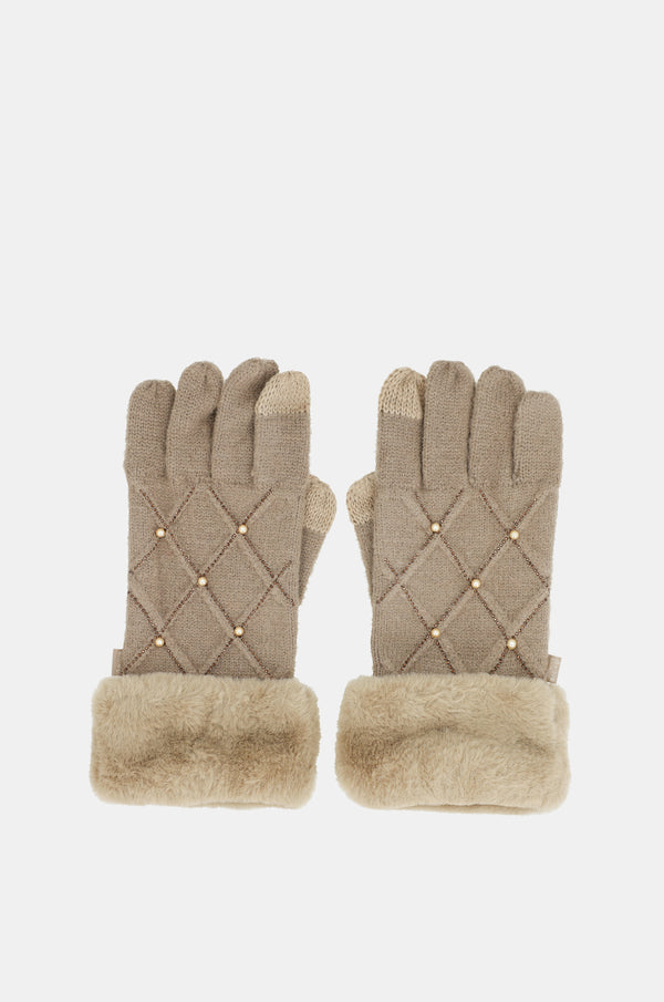 Guantes de punto beige con detalles
