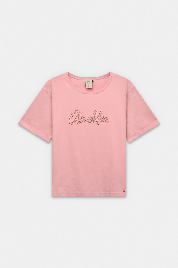 Camiseta de manga corta rosa con logo