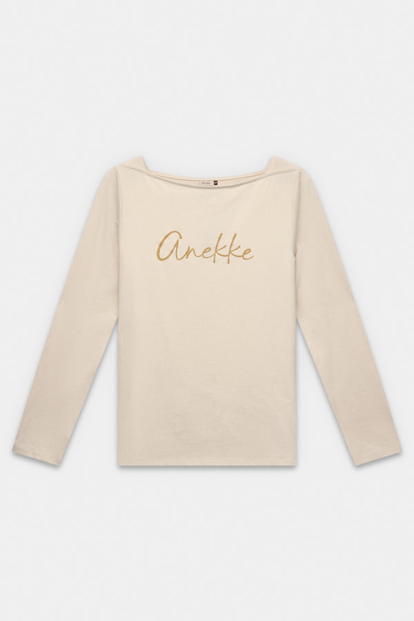Camiseta de manga larga beige y logo