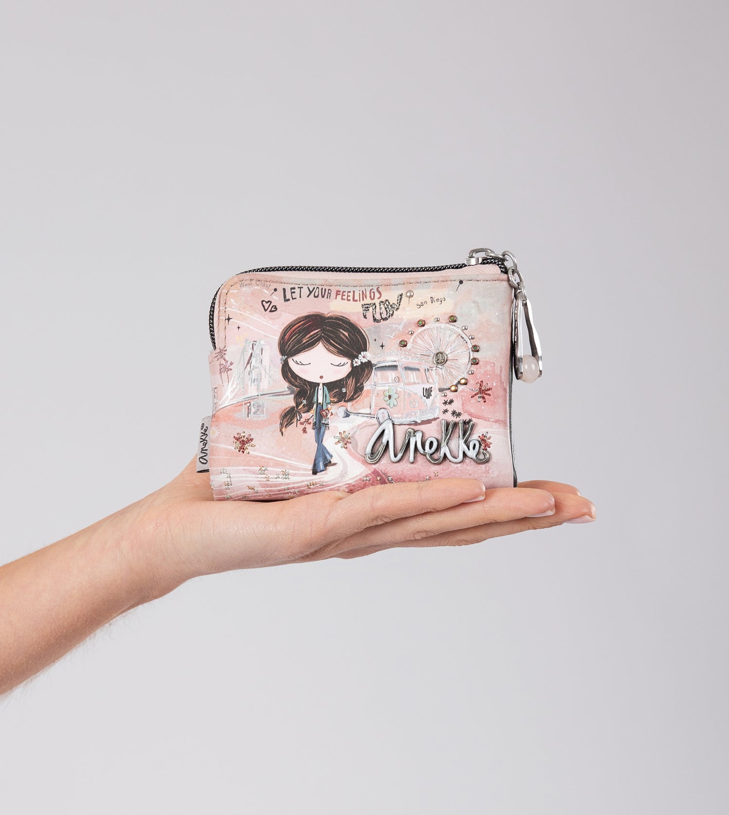 Billetero RFID pequeño Peace & Love rosa